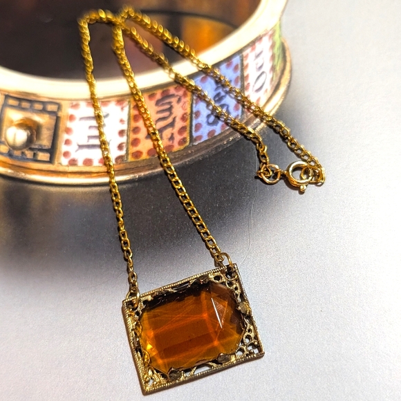 Art Deco 1930s Amber Crystal Filigree Necklace - Picture 6 of 6